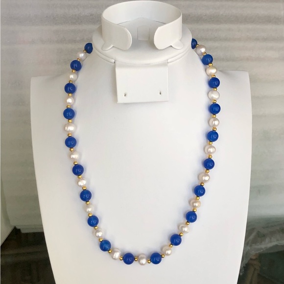 7-8mm White Freshwater Pearl & Blue Apatite Bead Necklace - Picture 2 of 6